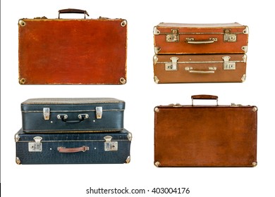 Collage of retro travel suitcases isolated on white. Set of old suitcases. Brown and black retro suitcase. Vintage baggage. Vintage travel bags.