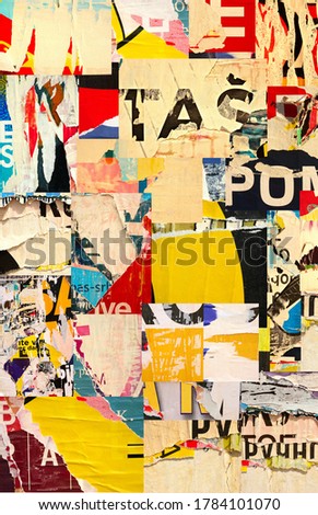 Collage ripped torn advertisement street posters grunge creased crumpled paper texture background placard backdrop surface