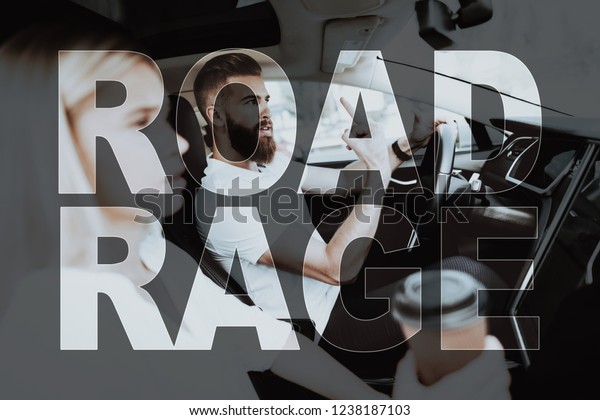 Collage Road Rage\
Bearded Angry Man Driving Car. Young Couple. Handsome Man Arguing\
with another Driver. Attractive Woman Drinking Coffee on Passenger\
Seat of Modern Luxury\
Car