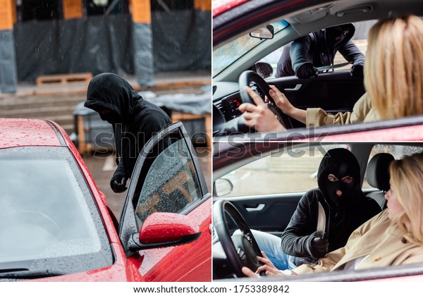 Collage of robber in balaclava holding knife near\
driver in car