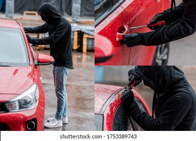 Collage of robber in mask using screwdriver while opening door of auto on urban street