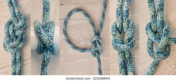 Collage, rope and knot with different knots on a wooden background from above. Tied, tying and secure with ropes in studio for hiking, boating or keeping things safe and secure in studio - Shutterstock ID 2232468441