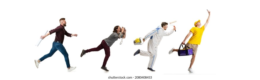 Collage Of Running Men In Image Of Delivery Man, Cameraman, Architector And Wall And Brush Painter Isolated On White Studio Background. Concept Of Occupation, Diversity, Caree, Labor. Flyer