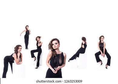 Collage Of Same Model Wearing Black Elegant Jumpsuit In Different Poses Isolated On A White Background