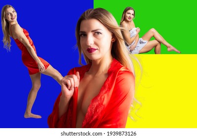 Collage Of The Same Model, A Woman With Different Clothes And Poses On Colorful Background