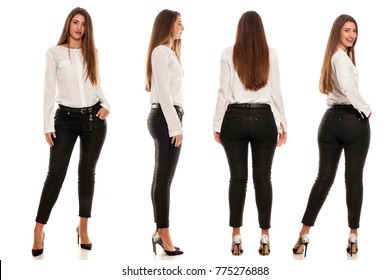 Collage Of Same Woman In Black Jeans, White Shirt And High Heels From Different Angles