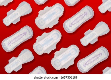 Collage Of Sanitary Pad Or Menstrual Pads For Light, Regular And Heavy Flow On A Red Background