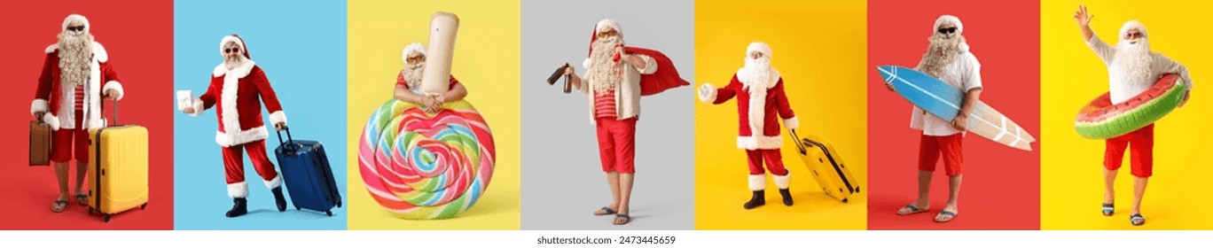 Collage of Santa Clauses on color background. Christmas vacation - Powered by Shutterstock