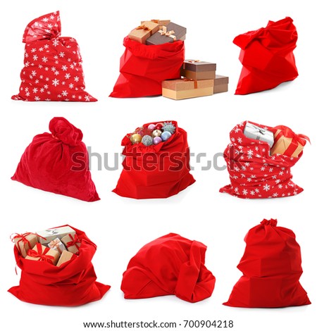 Collage of Santa's bags on white background