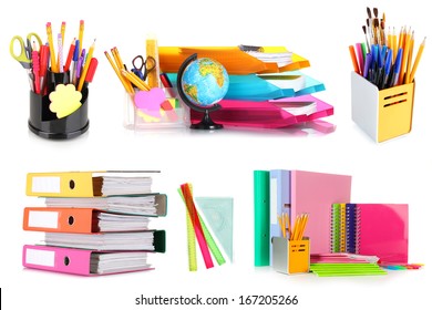 Collage of school and office supplies isolated on white