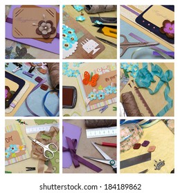 collage - scrapbook background. Card and tools with decoration  ?????????? - translated congratulate 