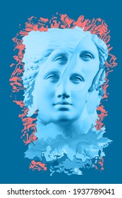 Collage with sculpture of human face in a pop art style. Modern creative concept image with ancient statue head. Zine culture. Contemporary art poster. Funky punk minimalism. Retro surreal design. - Shutterstock ID 1937789041