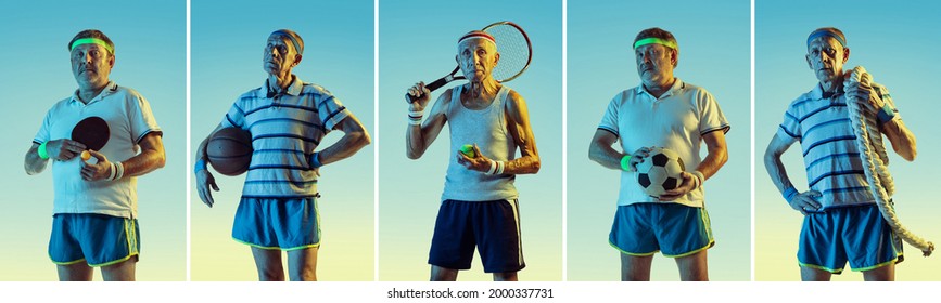 Collage of senior men wearing sportwear isolated on blue studio background in neon. Concept of sport, activity, movement, wellbeing. Copyspace, ad. Training, practicing, healthy lifestyle