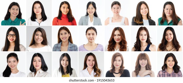 Collage Set Of 21 Cute And Beautiful Asian Women Faces On White Background, Different Hairstyle And Face Shapes But All Positive And Friendly Gestures.