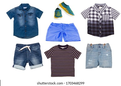 Collage Set Of Children Clothes. Denim Short Jeans And Short Pants, A Jeans Shirt, A Checkered And A Striped Shirts And A Pair Shoes Or Sneaker. Concept Spring Autumn And Summer Clothes.