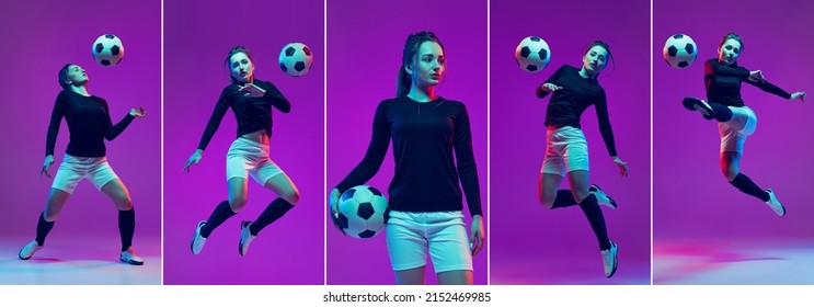 Collage, set of images of sportive girl, female soccer player practicing with football ball isolated on purple studio background in neon light. Concept of sport, action, motion, fitness. Flyer, poster - Powered by Shutterstock