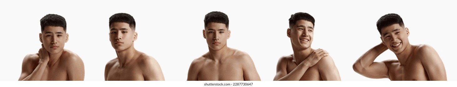 Collage. Set of images of young asian guy with clear, spotless face posing shirtless against white studio background. Concept of male beauty, body and skincare, cosmetology, men's health - Powered by Shutterstock