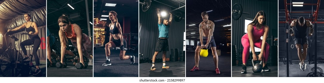 Collage, set of images of young sportive, muscular men and slim women doing sports, training at gym indoors. Concept of sport, healthy and active lifestyle. fitness, beauty, body care. Poster, flyer - Powered by Shutterstock