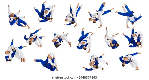 Collage. Set made of studio shots of two men, professional judo athletes training against white background. Sweeping hip throw. Concept of martial art, combat sport, health, strength, energy. Ad. - Powered by Shutterstock