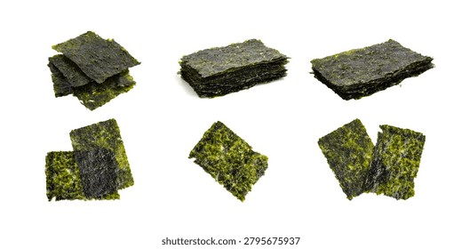 Collage Set of Multiple Crispy Roasted Seaweed Nori Sheets Isolated on White Background