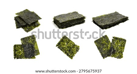 Collage Set of Multiple Crispy Roasted Seaweed Nori Sheets Isolated on White Background