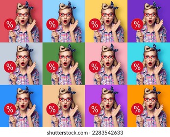 Collage set on different colors backgrounds. Excited surprised, shocked pinup woman in red glasses with % procent sign. Funny pin up amazed girl with open mouth, saying wow. Astonished blond model ad - Powered by Shutterstock