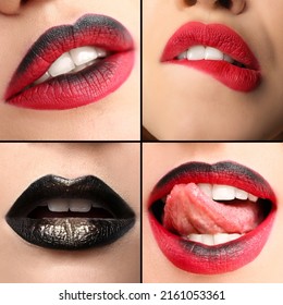 Collage with sexy black and red female lips, closeup 