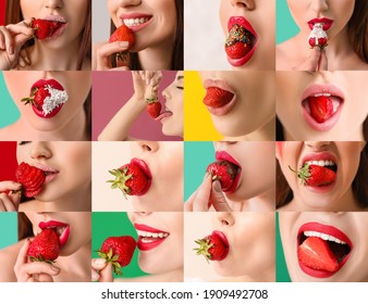 Collage of sexy young woman with strawberry 