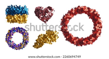 Collage of shiny sequins in different colors and shapes on white background, top view