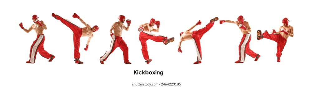 Collage. Shirtless muscular man in red uniform training kickboxing, practicing punches isolated on white background. Concept of sport. combat sport, martial arts, strength - Powered by Shutterstock