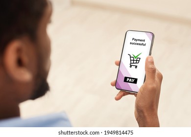 Collage For Shopping, Banking Mobile Applications. Cropped Of African American Man Making Purchases Online, Using Modern Smartphone With Payment Successful Text On Screen, Closeup