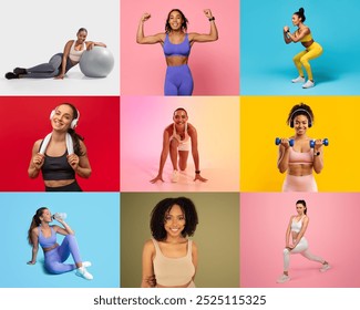 A collage showcases several women participating in different workout routines, including weightlifting, yoga, and jogging, set against colorful backgrounds to inspire an active lifestyle. - Powered by Shutterstock