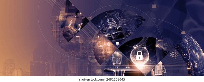  A collage showcasing various aspects of cybersecurity with digital lock icons and cityscape in the background.Cybersecurity Elements and Digital Locks - Powered by Shutterstock