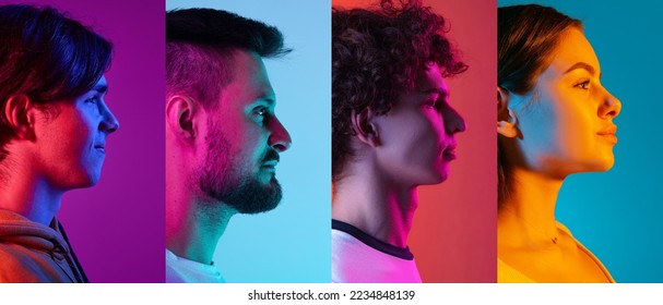 Collage. Side view portraits of different people, men and woman looking away isolated over multicolored background in neon light. Concept of emotions, facial expression, feelings, fashion, beauty, ad - Shutterstock ID 2234848139