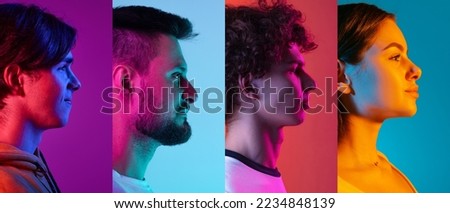 Collage. Side view portraits of different people, men and woman looking away isolated over multicolored background in neon light. Concept of emotions, facial expression, feelings, fashion, beauty, ad