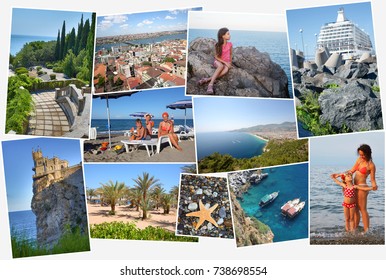 Collage with six people (three models) holidaymakers on sea coast and attractions