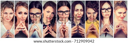 Collage of a sly, scheming women plotting something. Negative human emotions, facial expressions, feelings, attitude