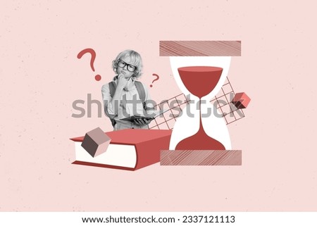Collage of small young schoolboy hold copybook decide how solve question thoughts reading deadline sandglass isolated on pink background