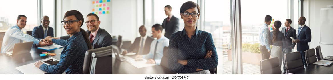 Collage Of A Smiling African American Manager And Her Diverse Team Working Together In An Office Boardroom 