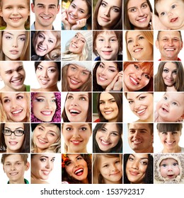 Collage Of Smiling Faces. Collection Of Beautiful Human Faces With Wide Smiles And Great Healthy White Teeth. Isolated Over White Background 