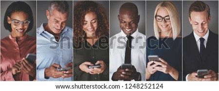 Collage of a smiling group of diverse business professionals sending text messages against a gray background