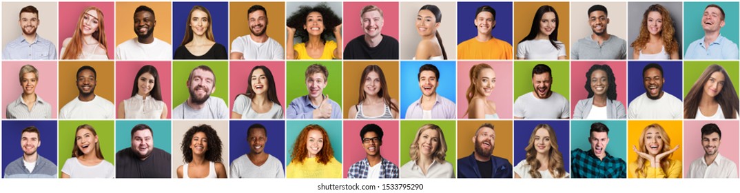 Collage of smiling and happy multiethnic people on different backgrounds, panorama