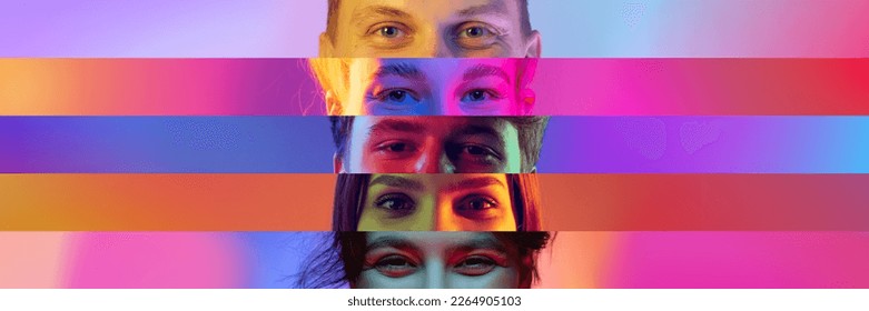 Collage. Smiling look. Human eyes places in narrow stripes of multicolored background in neon light. Different people. Concept of human diversity, emotions, equality, human rights, youth