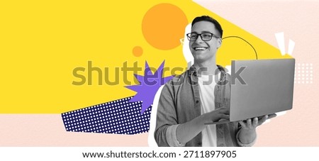 Collage of a Smiling Man Using a Laptop in a Colorful and Artistic Setup