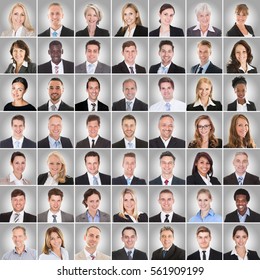 Collage Of Smiling Multi-ethnic Group Of Business People On Gray Background