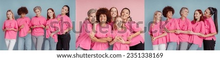Collage of smiling multiracial women wearing t shirts with pink ribbon hugging, looking at camera isolated on  background. Health care, support, prevention. Breast cancer awareness month concept