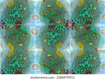 Collage of soap bubbles on a green background. Collage of one photo repeated nine times in the GIMP photo editor. The background image was created by the photographer.