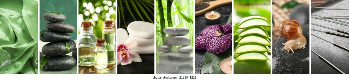 Collage of spa stones with acupuncture needles, aloe vera essential oil, small snail, cosmetic clay and orchid flowers