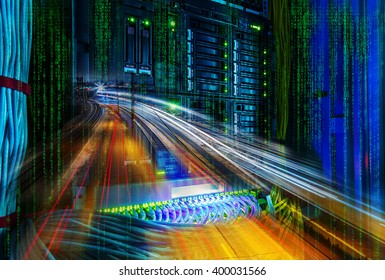 collage speed highway and railways in communication supercomputer with binary code