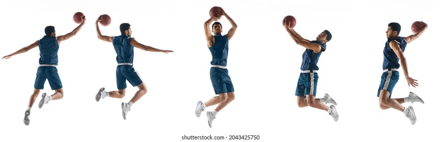 Collage of sportive african male basketball player in motion and action isolated ove white studio background. Concept of healthy lifestyle, professional sport, hobby, power and strength